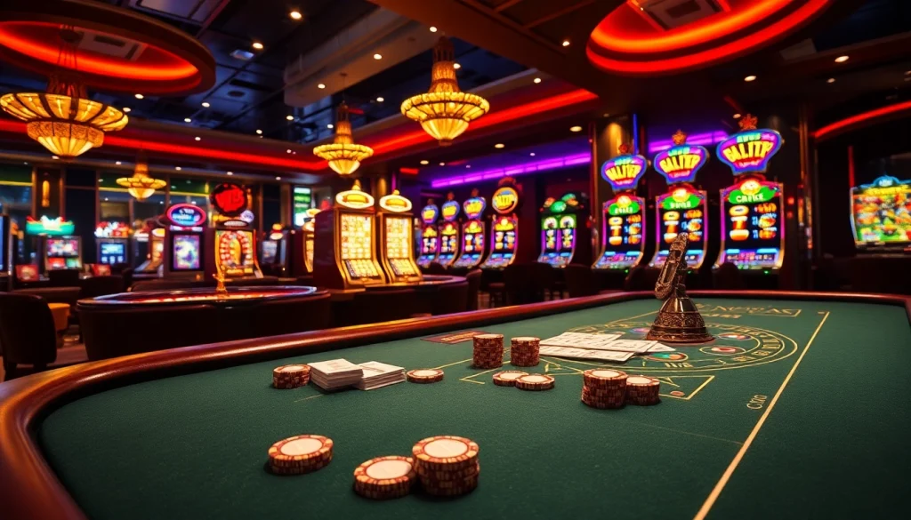 Engage in a luxurious casino experience featuring CM88. poker games and vibrant slot machines with dazzling lights.