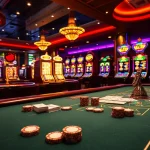 Engage in a luxurious casino experience featuring CM88. poker games and vibrant slot machines with dazzling lights.
