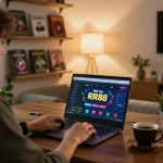 Engaging scene of a player immersed in Nhà Cái RR88 online gaming, showcasing a cozy atmosphere with strategy materials.