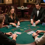 CM88 intensive blackjack gameplay with players analyzing cards at a high-stakes table, luxurious casino atmosphere, strategic moment captured.