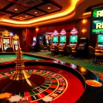 RR88 players engaging in thrilling casino action at a roulette table, surrounded by vibrant slot machines.