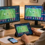 Engaging in đá gà trực tiếp on a tablet while tracking live matches in a stylish home office.