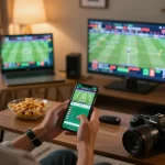 Engaging in kèo nhà cái trực tiếp on a smartphone amid a cozy home setting, showing excitement for sports betting.
