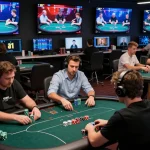 Yoğun çevrimiçi poker aksiyonuyla ilgilenen oyuncular, renkli fichalar ve monitörlerle rekabetçi bir kalibet ortamı oluşturuyor.