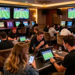 Engaged sports bettors using apps to follow kèo nhà cái hôm nay in an exciting casino atmosphere.