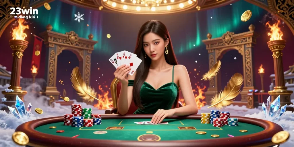 Win big at 23win đăng ký with a stunning poker scene featuring a glamorous Asian woman and luxurious elements.