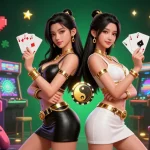 Experience the excitement of 0168win with stunning twin Asian women showcasing their talents in this vibrant casino scene.