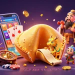 Engage with the exciting world of hm88 as the dragon reveals fortunes inside a golden cookie amidst vibrant gambling elements.