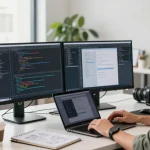 Download Telegram in a modern tech workspace with a programmer coding on dual monitors and vibrant office elements.