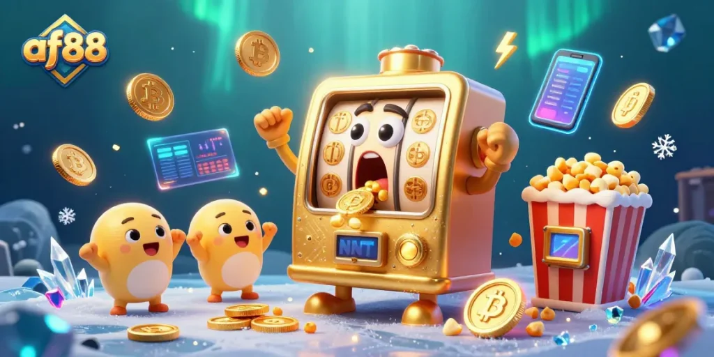 af88 showcases a cartoon golden slot machine winning with coins pouring out, surrounded by cheerful baby slots and Bitcoin coins.