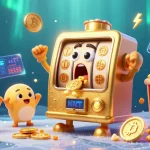 af88 showcases a cartoon golden slot machine winning with coins pouring out, surrounded by cheerful baby slots and Bitcoin coins.