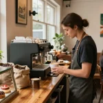 Cozy café atmosphere at https://hm88.cafe/ with barista making latte art and colorful pastries displayed.