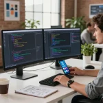 Developer coding Telegram Chinese app interface in a modern workspace