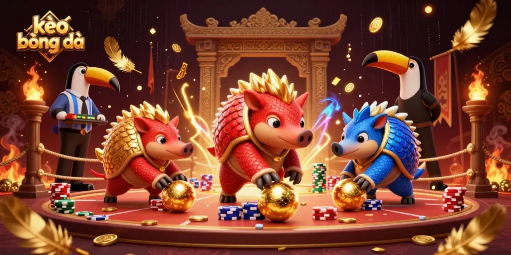 Betting rivals in kèo bóng đá action, tossing golden balls and poker chips.