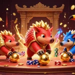 Betting rivals in kèo bóng đá action, tossing golden balls and poker chips.