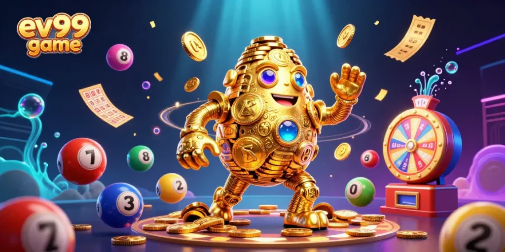 Engage with the ev99 game featuring a golden golem and vibrant lottery elements.