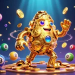 Engage with the ev99 game featuring a golden golem and vibrant lottery elements.