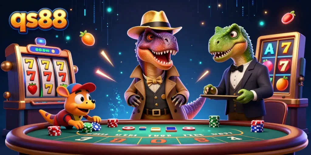 Experience thrilling casino action with qs88's dynamic blackjack scene featuring a cartoon velociraptor, stegosaurus pit boss, and a sneaky compy.