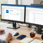 Download WPS Office in a modern workspace with dual monitors and productive elements.