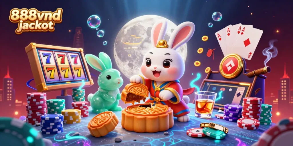 Spin and win with the 888vnd jackpot in this vibrant 3D casino illustration featuring lucky symbols and characters.