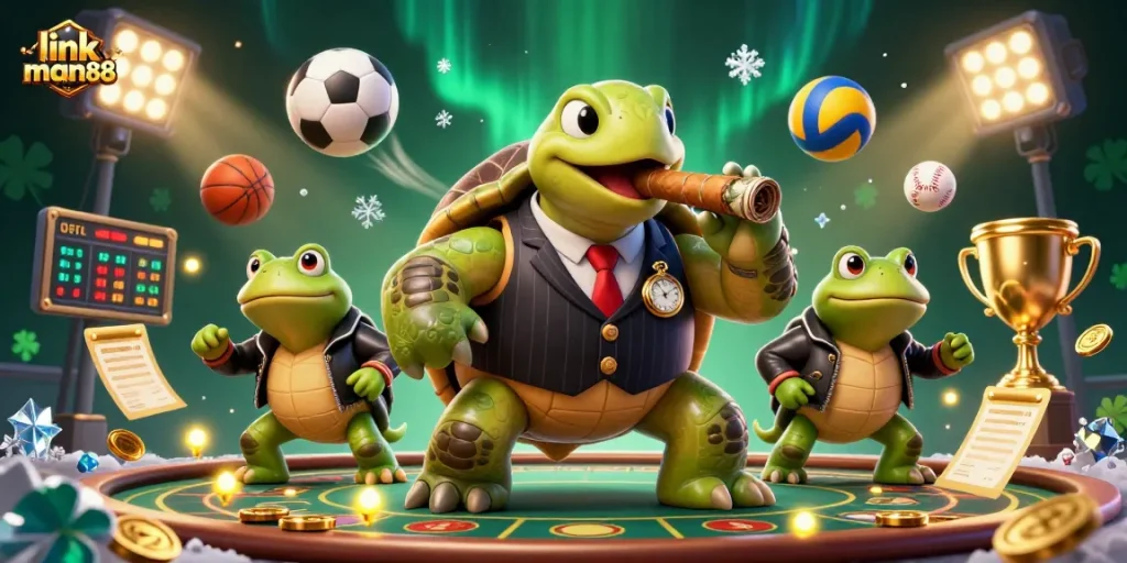 Engage in thrilling bets with link man88 while enjoying a lively casino scene featuring a turtle mobster.