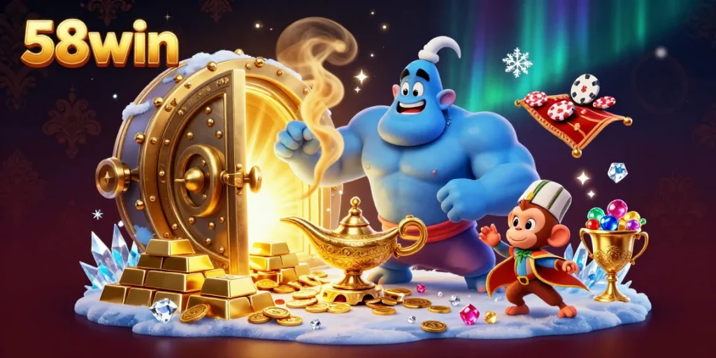 Experience the thrill of 58win with a genie, poker chips, and treasure in a magical casino scene.