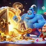 Experience the thrill of 58win with a genie, poker chips, and treasure in a magical casino scene.