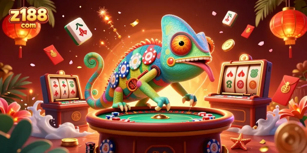 Experience gaming joy at z188 com with a colorful chameleon and vibrant casino elements.