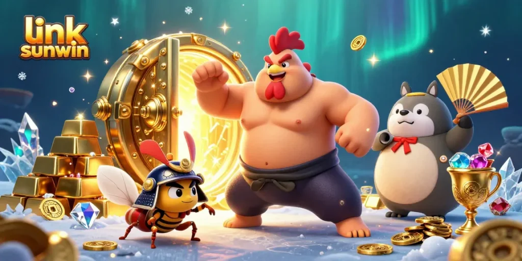 Engage with thrilling gameplay at link sunwin as characters celebrate casino riches in a vibrant 3D scene.