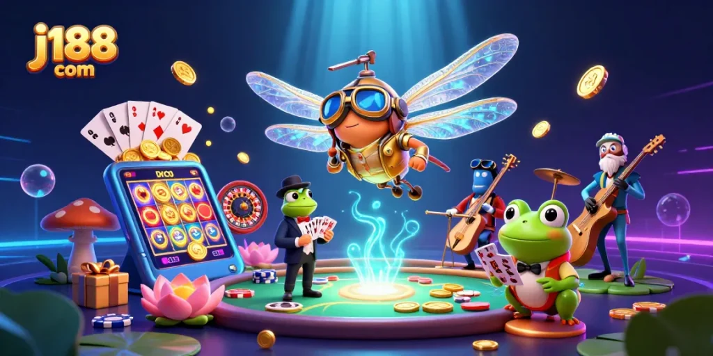 Engage in thrilling gameplay at j188 com with a magical casino scene showcasing vibrant characters and games.
