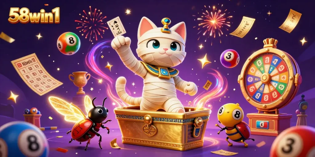 Spin to win with 58win1 as a cartoon mummy emerges in a vibrant casino scene filled with prizes.