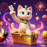 Spin to win with 58win1 as a cartoon mummy emerges in a vibrant casino scene filled with prizes.