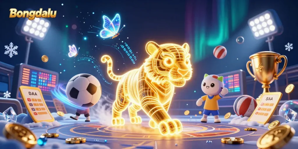 Bongdalu showcases a neon-wireframe golden tiger amidst dynamic sports elements and dazzling effects