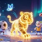 Bongdalu showcases a neon-wireframe golden tiger amidst dynamic sports elements and dazzling effects