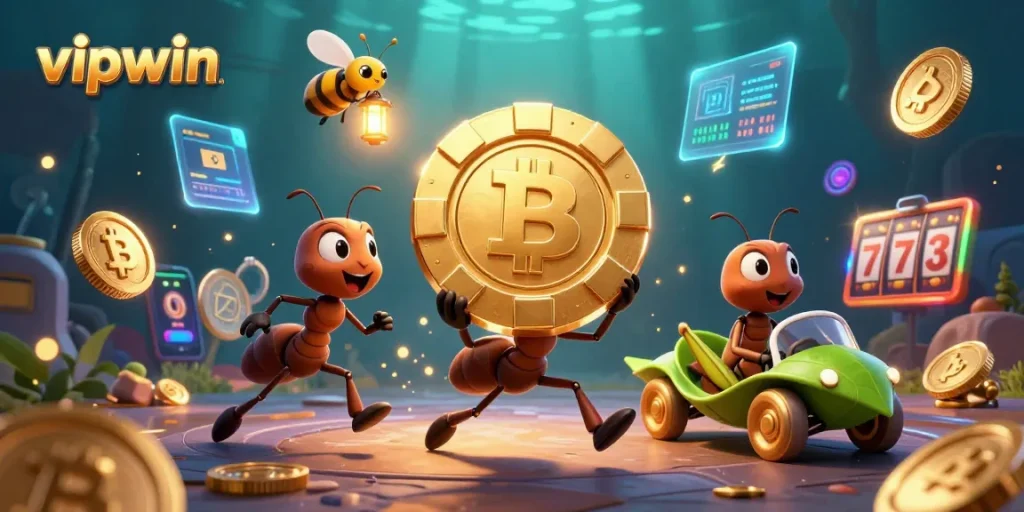 Join the thrilling adventure with vipwin, as ants heist golden poker chips amidst crypto coins