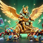 Spin and win with mb88 in a dazzling casino scene featuring golden scarabs and crypto coins.