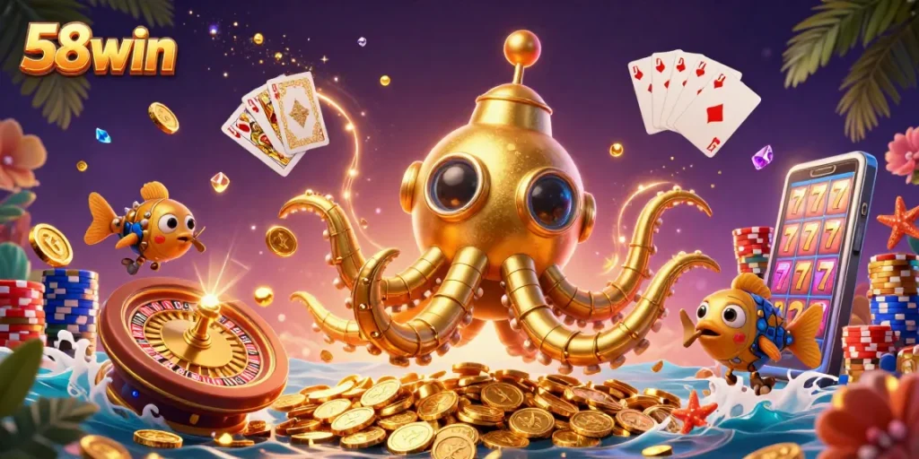 Experience thrilling gameplay at 58win's vibrant casino with golden coins and sparkling gems.