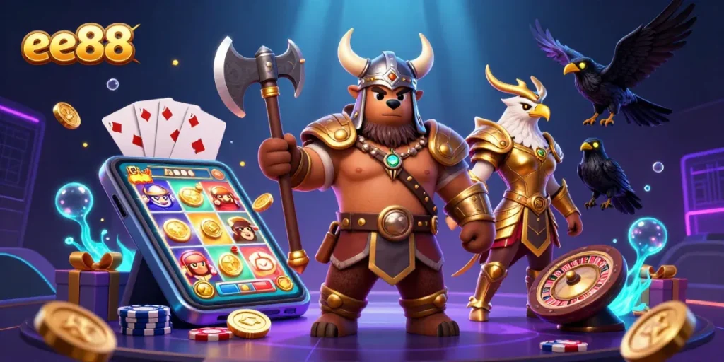 Experience the thrilling world of ee88 with a vibrant 3D casino scene featuring a Viking bear and dynamic slot games.