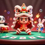 Experience the excitement of 88vv com with a vibrant lion dance casino scene featuring poker elements and adorable characters.