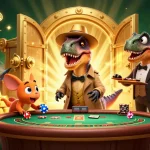 Immerse in gaming excitement with 88aa featuring a clever velociraptor at a blackjack table.