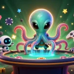 Participate in thrilling poker games at j188 com with this exciting alien-themed casino illustration.