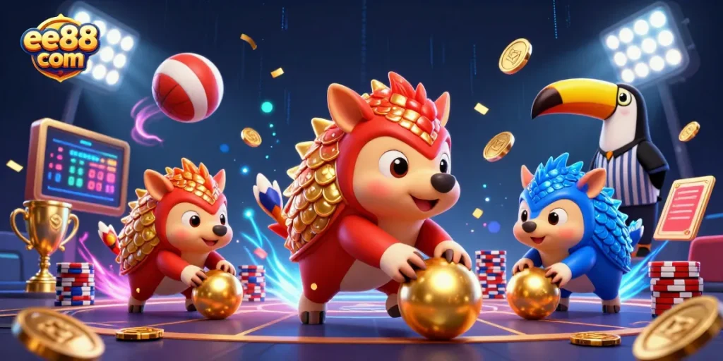 Roll dice and win big with ee88 com's vibrant casino action scene featuring pangolins.