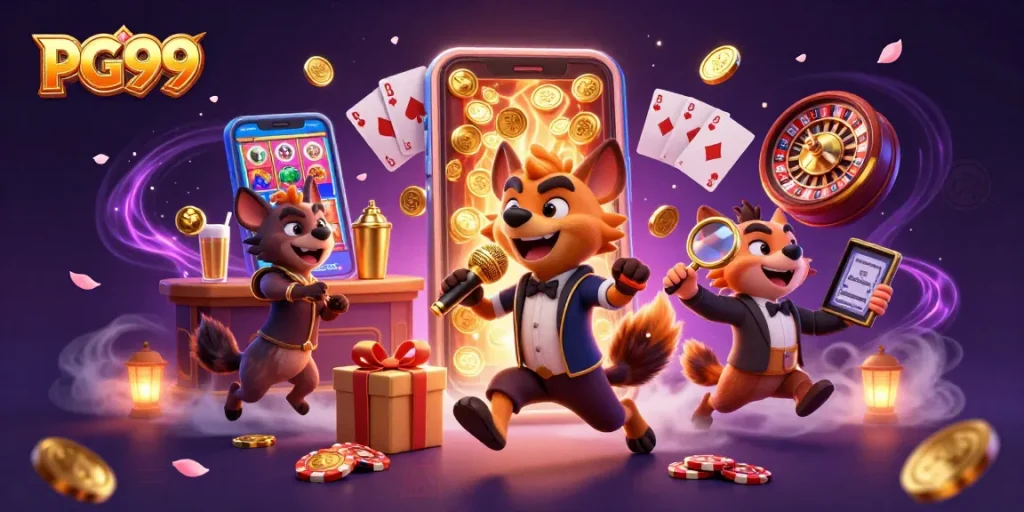 Engage in thrilling gaming action at PG99, where hyenas entertain at an exciting casino scene.