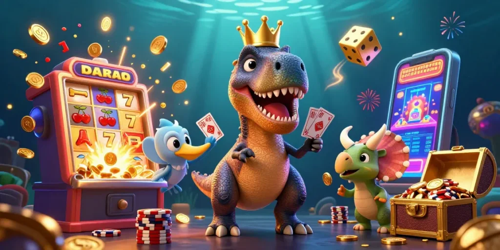 Experience the thrill of 23win as a T-Rex shuffles cards amidst slots and coins in 3D!