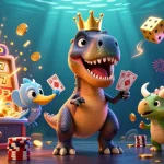 Experience the thrill of 23win as a T-Rex shuffles cards amidst slots and coins in 3D!