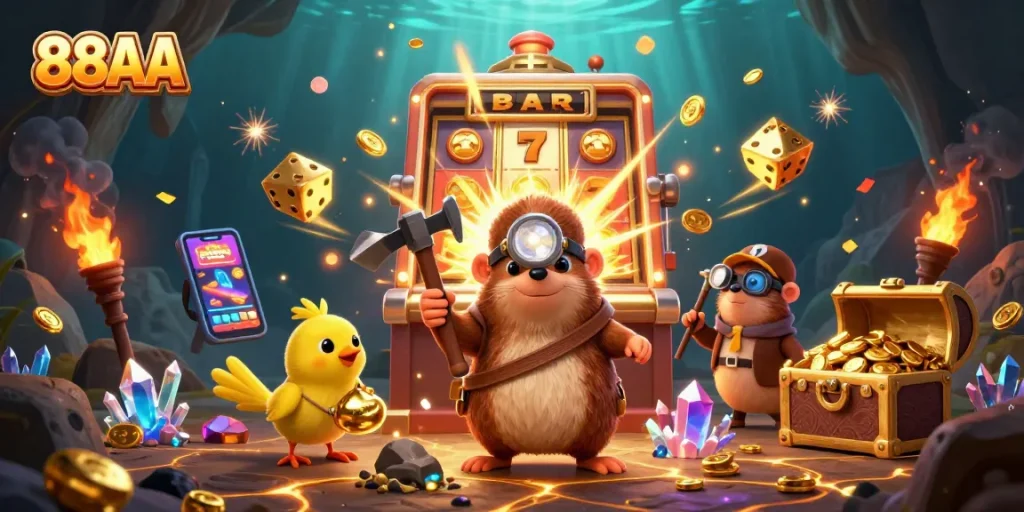 Experience the thrill of 88AA with a treasure hunter mole at a vibrant casino scene full of excitement and rewards.