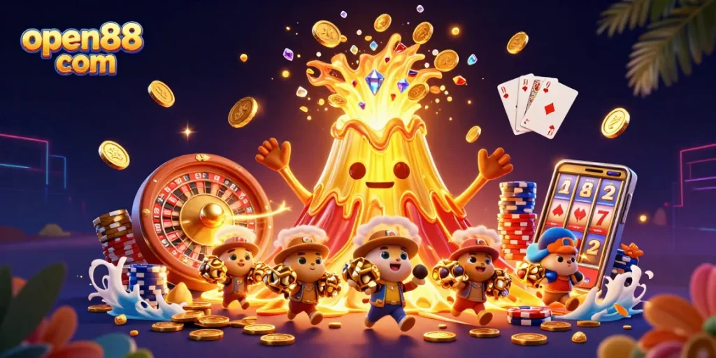 Experience the thrill of open88 com with a vibrant, treasure-rich casino eruption illustration.
