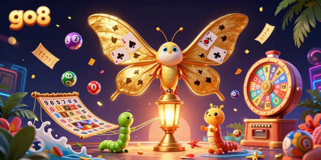 Engage in thrilling games at go8 with a vibrant casino scene featuring a majestic moth and lottery elements.
