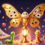 Engage in thrilling games at go8 with a vibrant casino scene featuring a majestic moth and lottery elements.