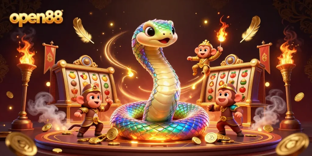 Engage with open88's vibrant casino scene featuring a rainbow serpent and playful monkey king.